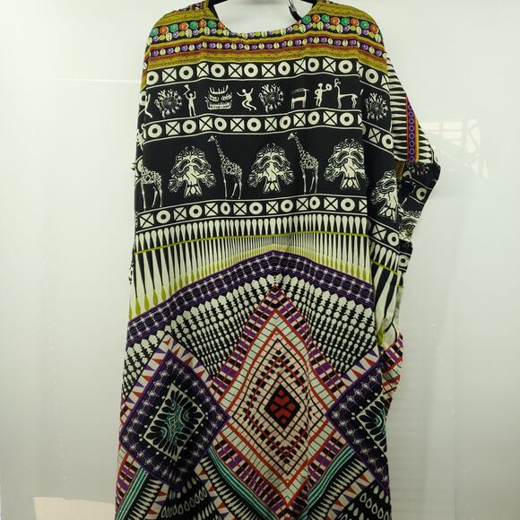 Winlar Layla Caftan Coverup Womens One Size Multicolor Boho Geometric Side Slit - Picture 2 of 7
